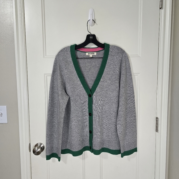 BODEN Alma Contrast Trim Cardigan Gray Green Women's Large Preppy - Picture 3 of 11